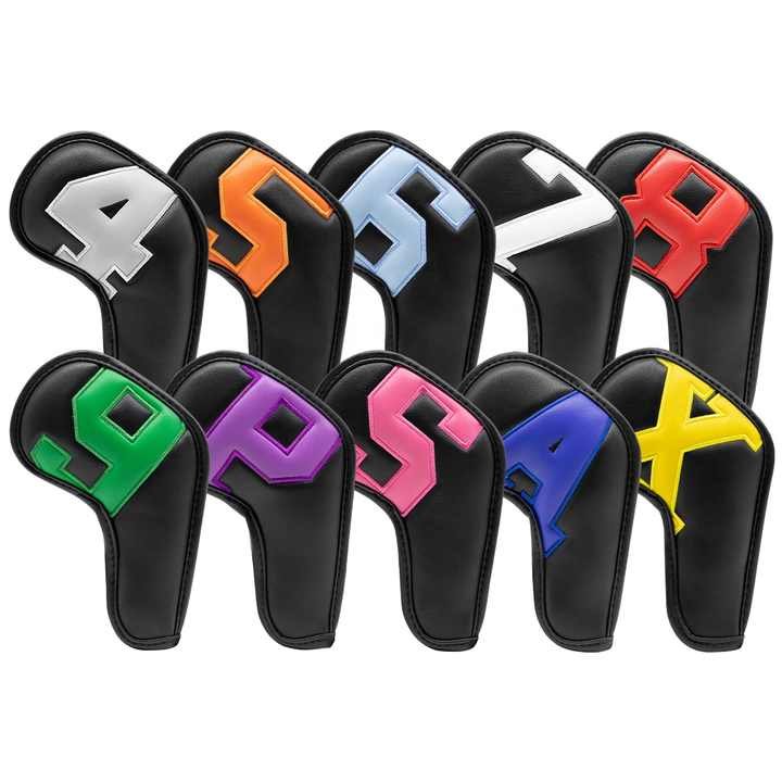 Colorful Words On Black Background PU Leather Golf Iron Headcovers Set (10pcs) - Numbered Protective Club Covers (4-9, P, A, S, L) Universal Fit 2 Colorful Words On Black Background PU Leather Golf Iron Headcovers Set (10pcs) - Numbered Protective Club Covers (4-9, P, A, S, L) Universal Fit - Image 2
