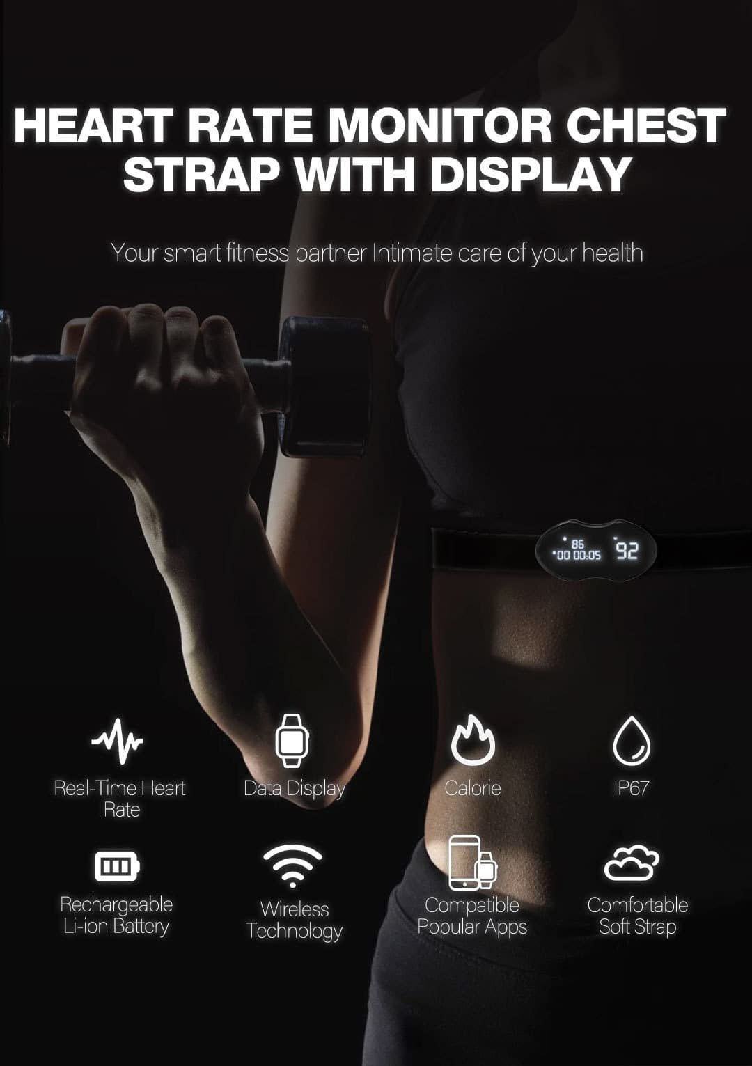 Smart Fitness Heart Rate Monitor Chest Strap with Data Display - IP67 Waterproof, Rechargeable, BLE & ANT+(black) 3 Smart Fitness Heart Rate Monitor Chest Strap with Data Display - IP67 Waterproof, Rechargeable, BLE & ANT+(black) - Image 3