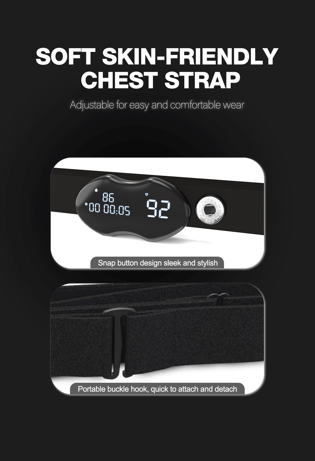 Smart Fitness Heart Rate Monitor Chest Strap with Data Display - IP67 Waterproof, Rechargeable, BLE & ANT+(black) 5 Smart Fitness Heart Rate Monitor Chest Strap with Data Display - IP67 Waterproof, Rechargeable, BLE & ANT+(black) - Image 5