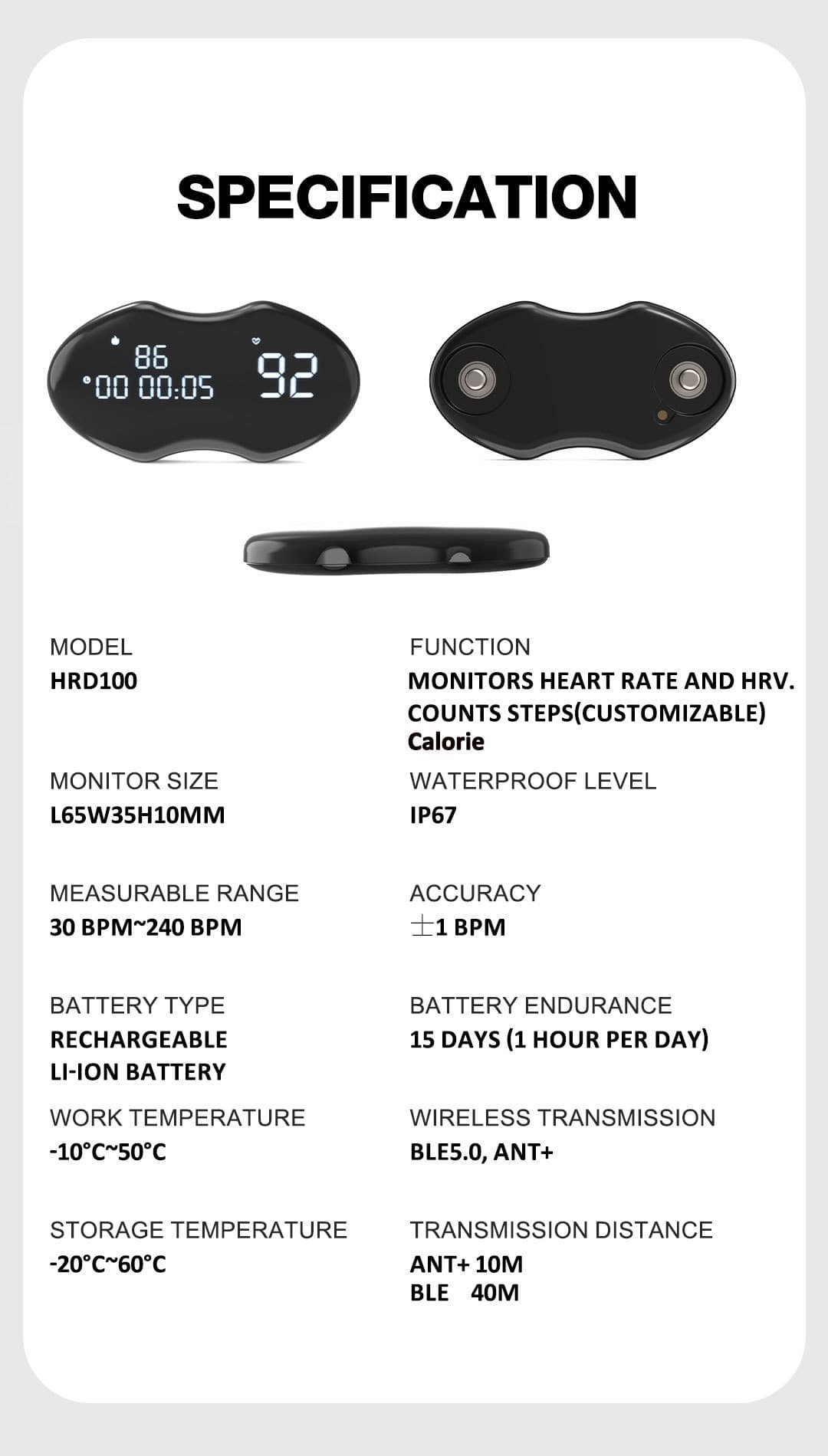 Smart Fitness Heart Rate Monitor Chest Strap with Data Display - IP67 Waterproof, Rechargeable, BLE & ANT+(black) 8 Smart Fitness Heart Rate Monitor Chest Strap with Data Display - IP67 Waterproof, Rechargeable, BLE & ANT+(black) - Image 8