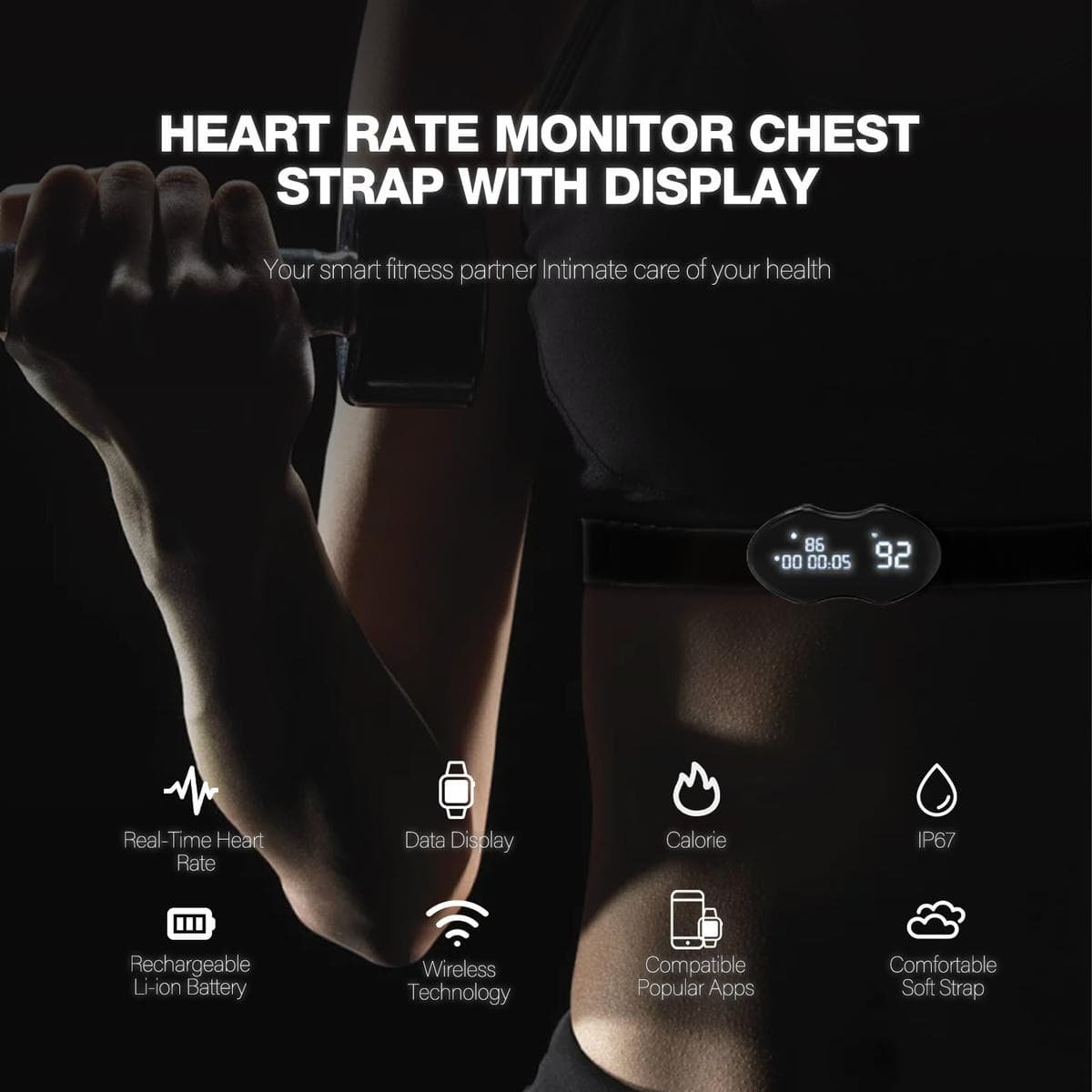 Smart Fitness Heart Rate Monitor Chest Strap with Data Display - IP67 Waterproof, Rechargeable, BLE & ANT+(black) 9 Smart Fitness Heart Rate Monitor Chest Strap with Data Display - IP67 Waterproof, Rechargeable, BLE & ANT+(black) - Image 9