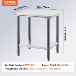 VEVOR Commercial Worktable & Workstation 24 x 30 x 32 Inch Stainless Steel Work Table Heavy Duty Commercial Food Prep Work Table for Home, Kitchen, Restaurant Metal Prep Table with Adjustable Feet | Fitness Equipment Store