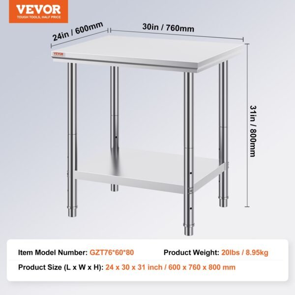 VEVOR Commercial Worktable & Workstation 24 x 30 x 32 Inch Stainless Steel Work Table Heavy Duty Commercial Food Prep Work Table for Home, Kitchen, Restaurant Metal Prep Table with Adjustable Feet | Fitness Equipment Store