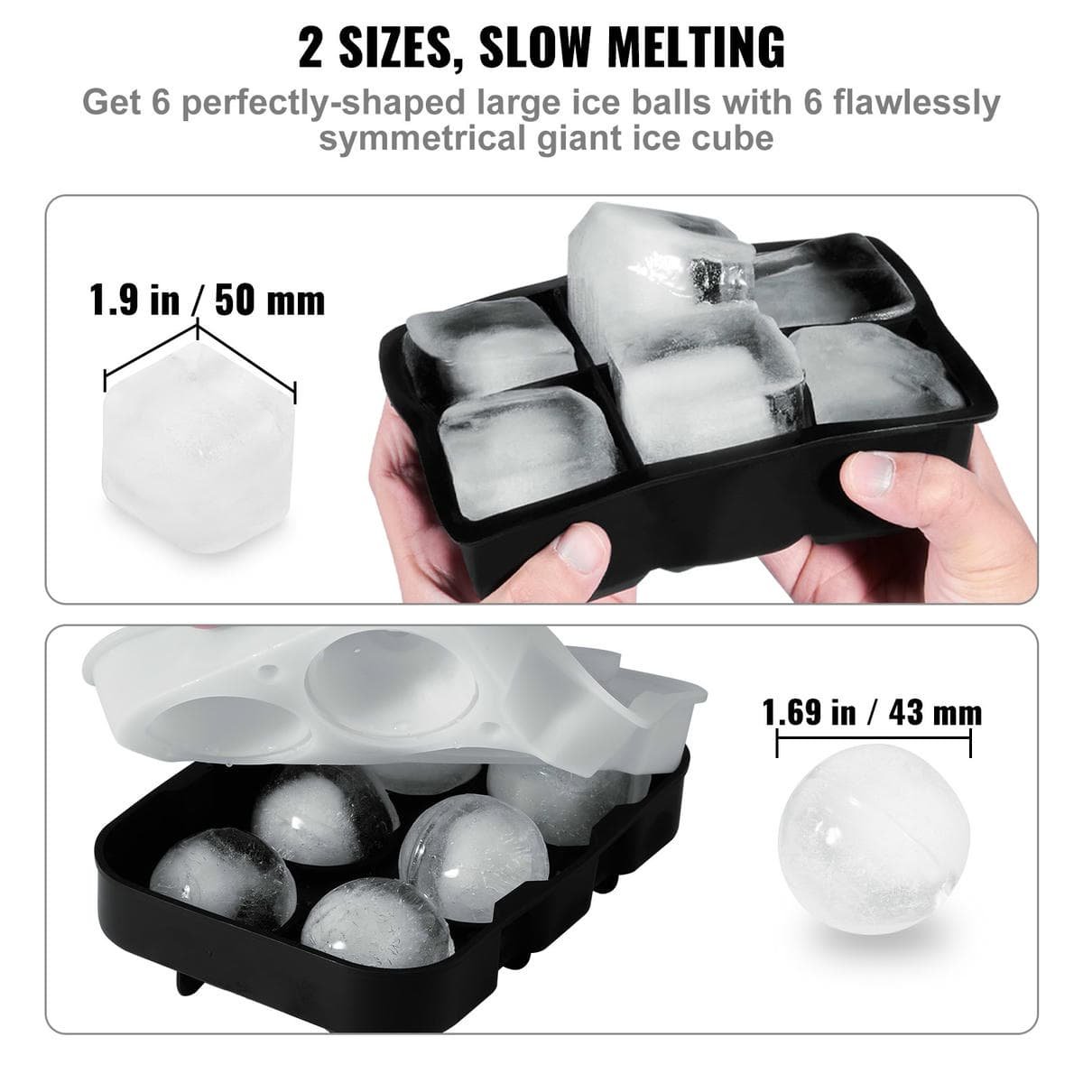 V952-BQZZJHSTMBQ66DWGVV0-202508020054-02.jpg VEVOR Ice Cube Trays (Set of 2), 2-in-1 Combo with Silicone Sphere Ice Ball Maker & Large Square Ice Cube Maker with Lid, Reusable Easy Release BPA Free Ice Tray Set for Whiskey Cocktails Bourbon | Fitness Equipment Store