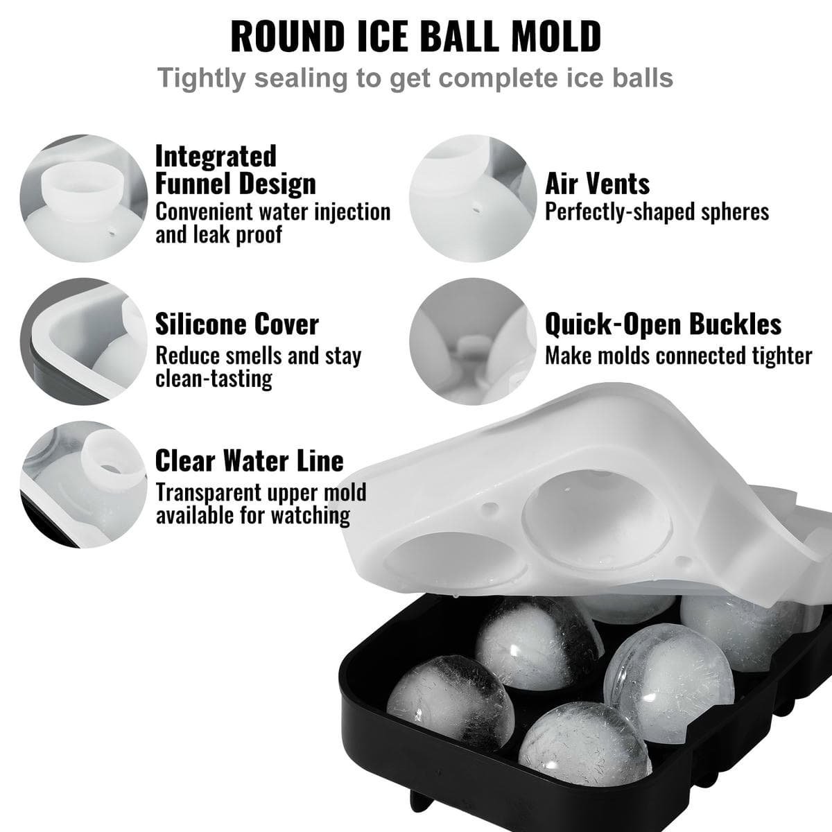 V952-BQZZJHSTMBQ66DWGVV0-202508020054-03.jpg VEVOR Ice Cube Trays (Set of 2), 2-in-1 Combo with Silicone Sphere Ice Ball Maker & Large Square Ice Cube Maker with Lid, Reusable Easy Release BPA Free Ice Tray Set for Whiskey Cocktails Bourbon | Fitness Equipment Store