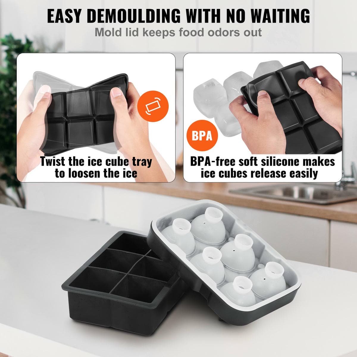 V952-BQZZJHSTMBQ66DWGVV0-202508020054-04.jpg VEVOR Ice Cube Trays (Set of 2), 2-in-1 Combo with Silicone Sphere Ice Ball Maker & Large Square Ice Cube Maker with Lid, Reusable Easy Release BPA Free Ice Tray Set for Whiskey Cocktails Bourbon | Fitness Equipment Store