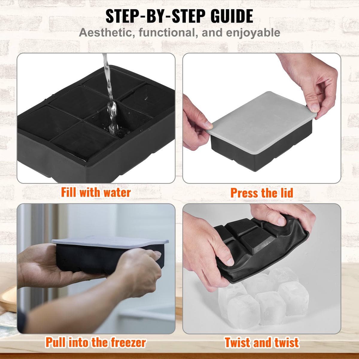 V952-BQZZJHSTMBQ66DWGVV0-202508020054-05.jpg VEVOR Ice Cube Trays (Set of 2), 2-in-1 Combo with Silicone Sphere Ice Ball Maker & Large Square Ice Cube Maker with Lid, Reusable Easy Release BPA Free Ice Tray Set for Whiskey Cocktails Bourbon | Fitness Equipment Store