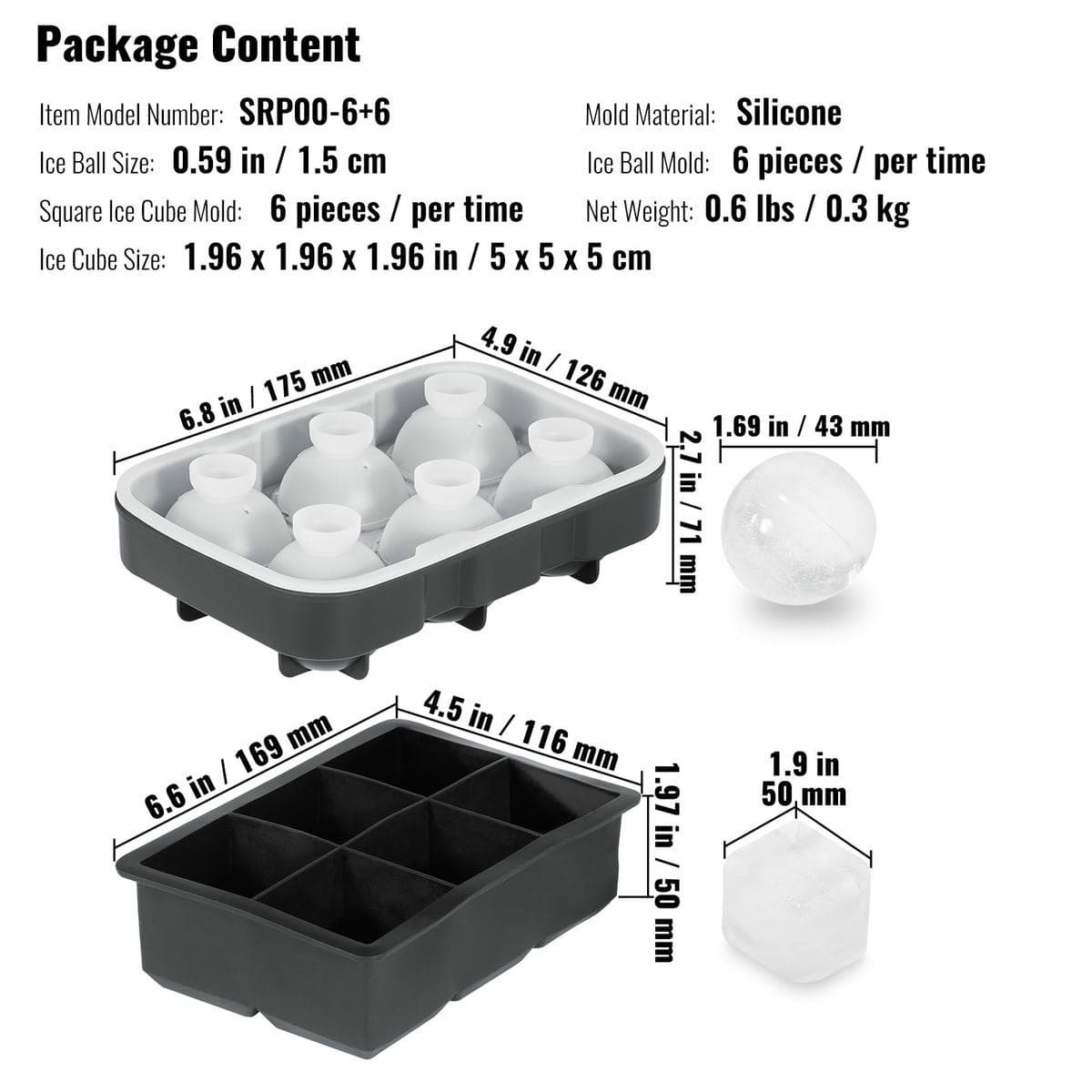V952-BQZZJHSTMBQ66DWGVV0-202508020054-06.jpg VEVOR Ice Cube Trays (Set of 2), 2-in-1 Combo with Silicone Sphere Ice Ball Maker & Large Square Ice Cube Maker with Lid, Reusable Easy Release BPA Free Ice Tray Set for Whiskey Cocktails Bourbon | Fitness Equipment Store