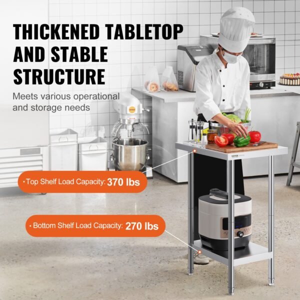 VEVOR Stainless Steel Prep Table, 24 x 18 x 34 Inch, Heavy Duty Metal Worktable with 3 Adjustable Height Levels, Commercial Workstation for Kitchen Garage Restaurant Backyard | Fitness Equipment Store