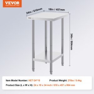 VEVOR Stainless Steel Prep Table, 24 x 18 x 34 Inch, Heavy Duty Metal Worktable with 3 Adjustable Height Levels, Commercial Workstation for Kitchen Garage Restaurant Backyard | Fitness Equipment Store