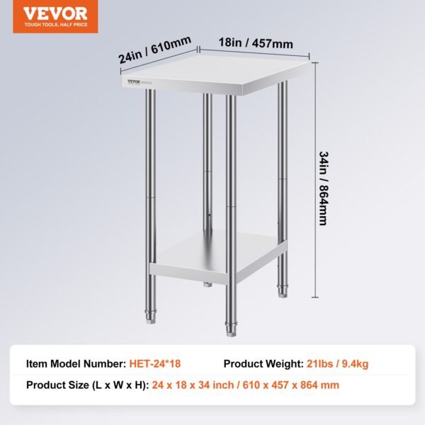 VEVOR Stainless Steel Prep Table, 24 x 18 x 34 Inch, Heavy Duty Metal Worktable with 3 Adjustable Height Levels, Commercial Workstation for Kitchen Garage Restaurant Backyard | Fitness Equipment Store