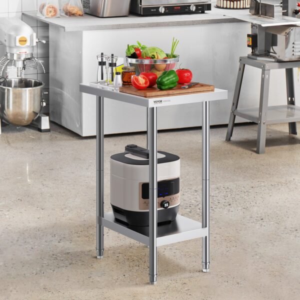 VEVOR Stainless Steel Prep Table, 24 x 18 x 34 Inch, Heavy Duty Metal Worktable with 3 Adjustable Height Levels, Commercial Workstation for Kitchen Garage Restaurant Backyard | Fitness Equipment Store
