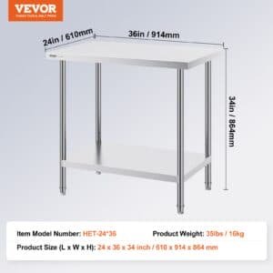 VEVOR Stainless Steel Prep Table, 24 x 36 x 34 Inch, Heavy Duty Metal Worktable with 3 Adjustable Height Levels, Commercial Workstation for Kitchen Garage Restaurant Backyard 7 VEVOR Stainless Steel Prep Table, 24 x 36 x 34 Inch, Heavy Duty Metal Worktable with 3 Adjustable Height Levels, Commercial Workstation for Kitchen Garage Restaurant Backyard | Fitness Equipment Store