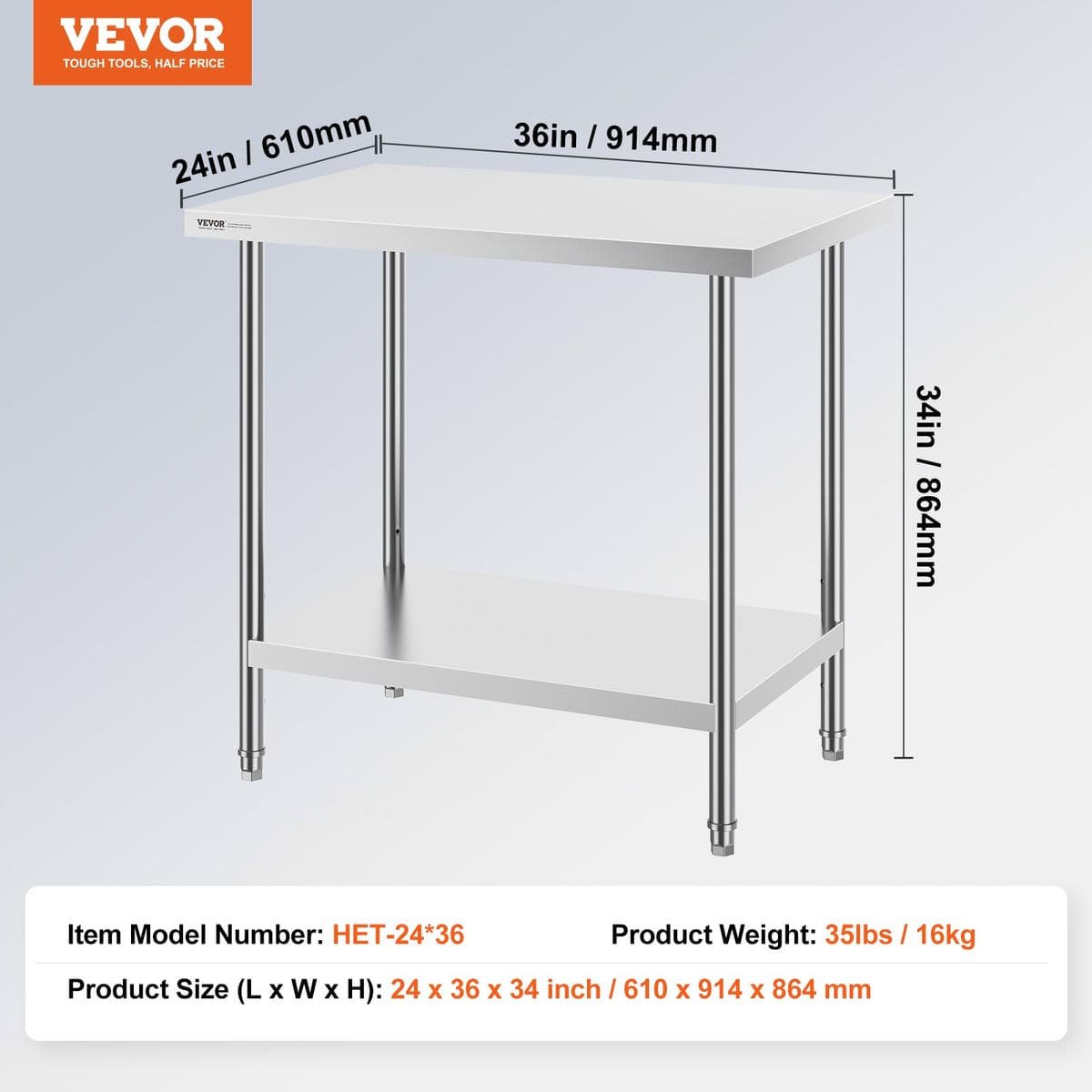 V952-CFBXGGZTLCWJOPMIYV0-202507141627-06.jpg VEVOR Stainless Steel Prep Table, 24 x 36 x 34 Inch, Heavy Duty Metal Worktable with 3 Adjustable Height Levels, Commercial Workstation for Kitchen Garage Restaurant Backyard | Fitness Equipment Store