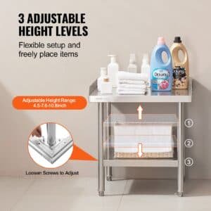 VEVOR Stainless Steel Work Table, 24 x 24 x 26 Inch Commercial Food Prep Worktable, 3-Sided Backsplash Heavy Duty Prep Worktable, Metal Work Table with Adjustable Height for Restaurant Home Hotel 5 VEVOR Stainless Steel Work Table, 24 x 24 x 26 Inch Commercial Food Prep Worktable, 3-Sided Backsplash Heavy Duty Prep Worktable, Metal Work Table with Adjustable Height for Restaurant Home Hotel | Fitness Equipment Store