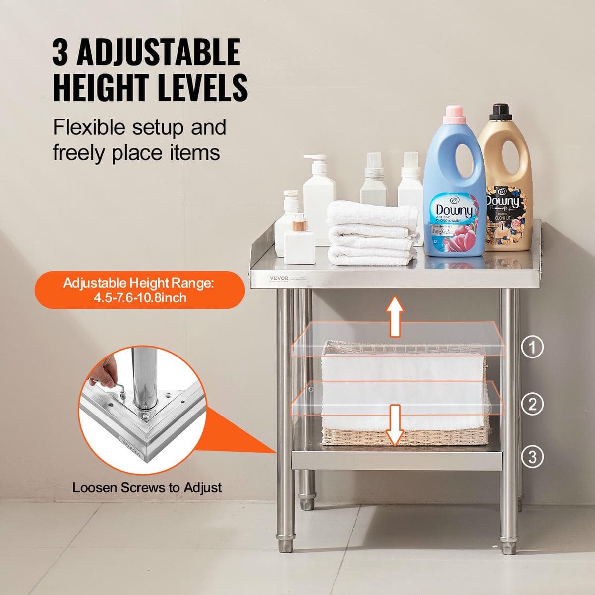 V952-CFBXGGZTSBT2DPGGMV0-202508011631-04.jpg VEVOR Stainless Steel Work Table, 24 x 24 x 26 Inch Commercial Food Prep Worktable, 3-Sided Backsplash Heavy Duty Prep Worktable, Metal Work Table with Adjustable Height for Restaurant Home Hotel | Fitness Equipment Store