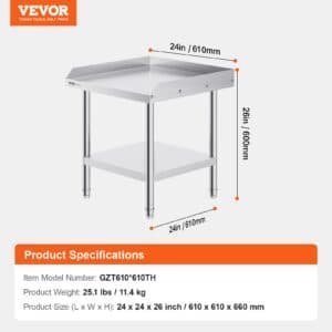 VEVOR Stainless Steel Work Table, 24 x 24 x 26 Inch Commercial Food Prep Worktable, 3-Sided Backsplash Heavy Duty Prep Worktable, Metal Work Table with Adjustable Height for Restaurant Home Hotel 7 VEVOR Stainless Steel Work Table, 24 x 24 x 26 Inch Commercial Food Prep Worktable, 3-Sided Backsplash Heavy Duty Prep Worktable, Metal Work Table with Adjustable Height for Restaurant Home Hotel | Fitness Equipment Store