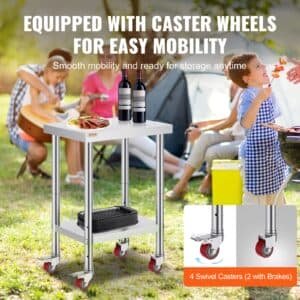 VEVOR 24x18x34 Inch Stainless Steel Work Table 3-Stage Adjustable Shelf with 4 Wheels Heavy Duty Commercial Food Prep Worktable with Brake for Kitchen Prep Work | Fitness Equipment Store