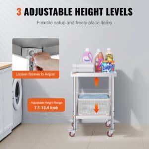 VEVOR 24x18x34 Inch Stainless Steel Work Table 3-Stage Adjustable Shelf with 4 Wheels Heavy Duty Commercial Food Prep Worktable with Brake for Kitchen Prep Work | Fitness Equipment Store