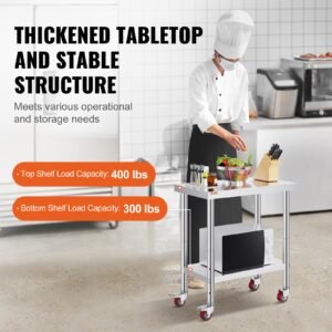 VEVOR 30x18x34 Inch Stainless Steel Work Table 3-Stage Adjustable Shelf with 4 Wheels Heavy Duty Commercial Food Prep Worktable with Brake for Kitchen Prep Work | Fitness Equipment Store