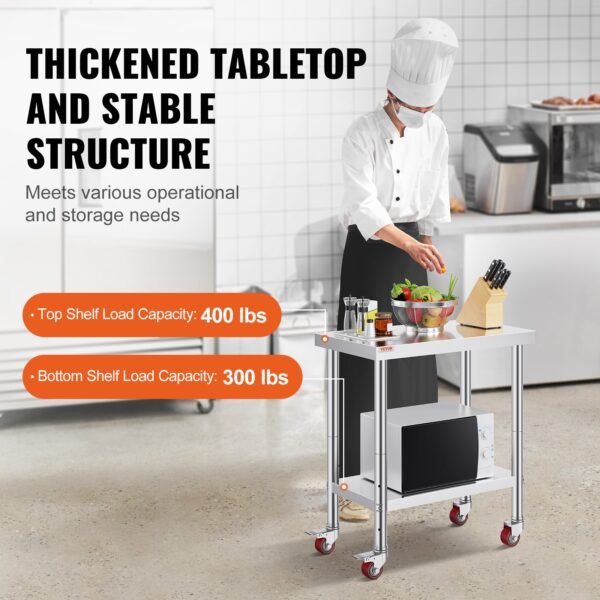 VEVOR 30x18x34 Inch Stainless Steel Work Table 3-Stage Adjustable Shelf with 4 Wheels Heavy Duty Commercial Food Prep Worktable with Brake for Kitchen Prep Work | Fitness Equipment Store