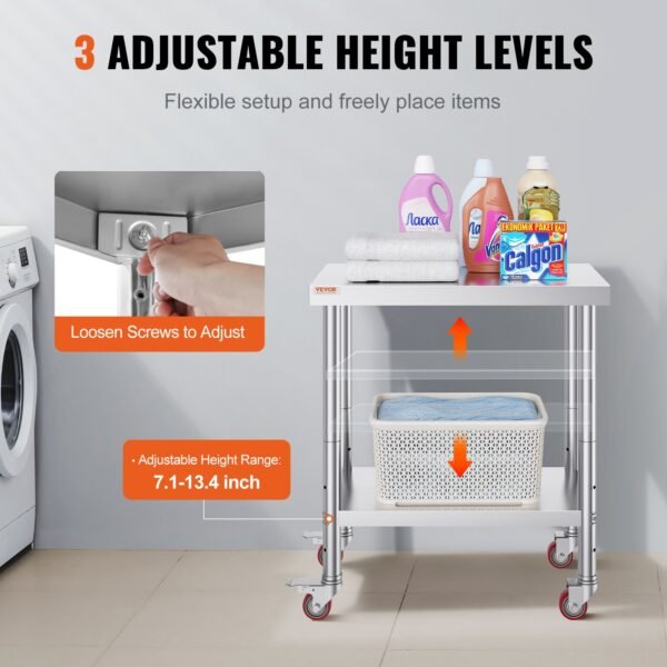 VEVOR 30x18x34 Inch Stainless Steel Work Table 3-Stage Adjustable Shelf with 4 Wheels Heavy Duty Commercial Food Prep Worktable with Brake for Kitchen Prep Work | Fitness Equipment Store