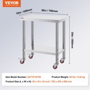 VEVOR 30x18x34 Inch Stainless Steel Work Table 3-Stage Adjustable Shelf with 4 Wheels Heavy Duty Commercial Food Prep Worktable with Brake for Kitchen Prep Work | Fitness Equipment Store