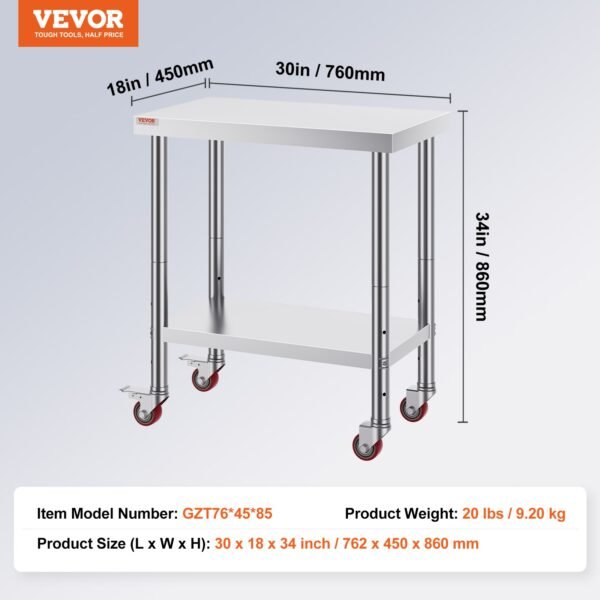 VEVOR 30x18x34 Inch Stainless Steel Work Table 3-Stage Adjustable Shelf with 4 Wheels Heavy Duty Commercial Food Prep Worktable with Brake for Kitchen Prep Work | Fitness Equipment Store
