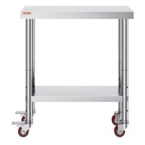 VEVOR 30x18x34 Inch Stainless Steel Work Table 3-Stage Adjustable Shelf with 4 Wheels Heavy Duty Commercial Food Prep Worktable with Brake for Kitchen Prep Work | Fitness Equipment Store