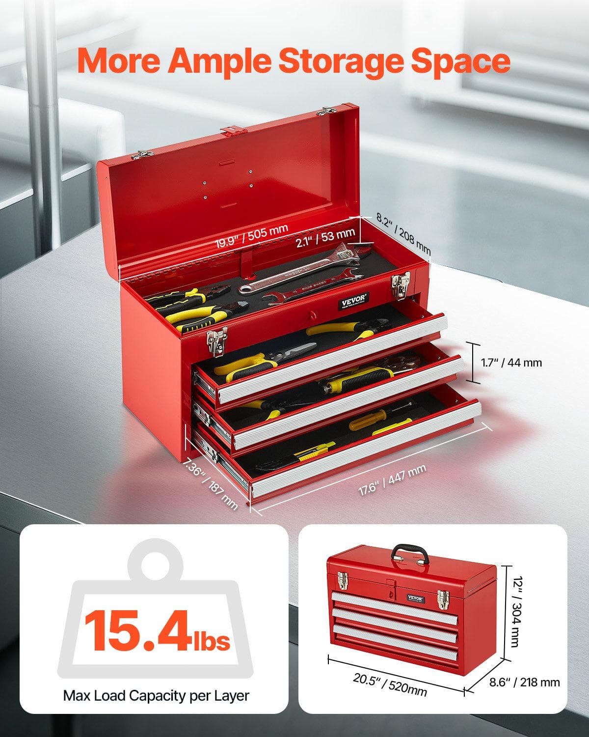V952-CTSBXSGJX20IEYVN5V0-202508011643-01.jpg VEVOR Tool Box 520 mm Portable Metal Tool Box 3 Drawers Tool Organizer Red | Fitness Equipment Store