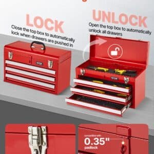 VEVOR Tool Box 520 mm Portable Metal Tool Box 3 Drawers Tool Organizer Red 3 VEVOR Tool Box 520 mm Portable Metal Tool Box 3 Drawers Tool Organizer Red | Fitness Equipment Store