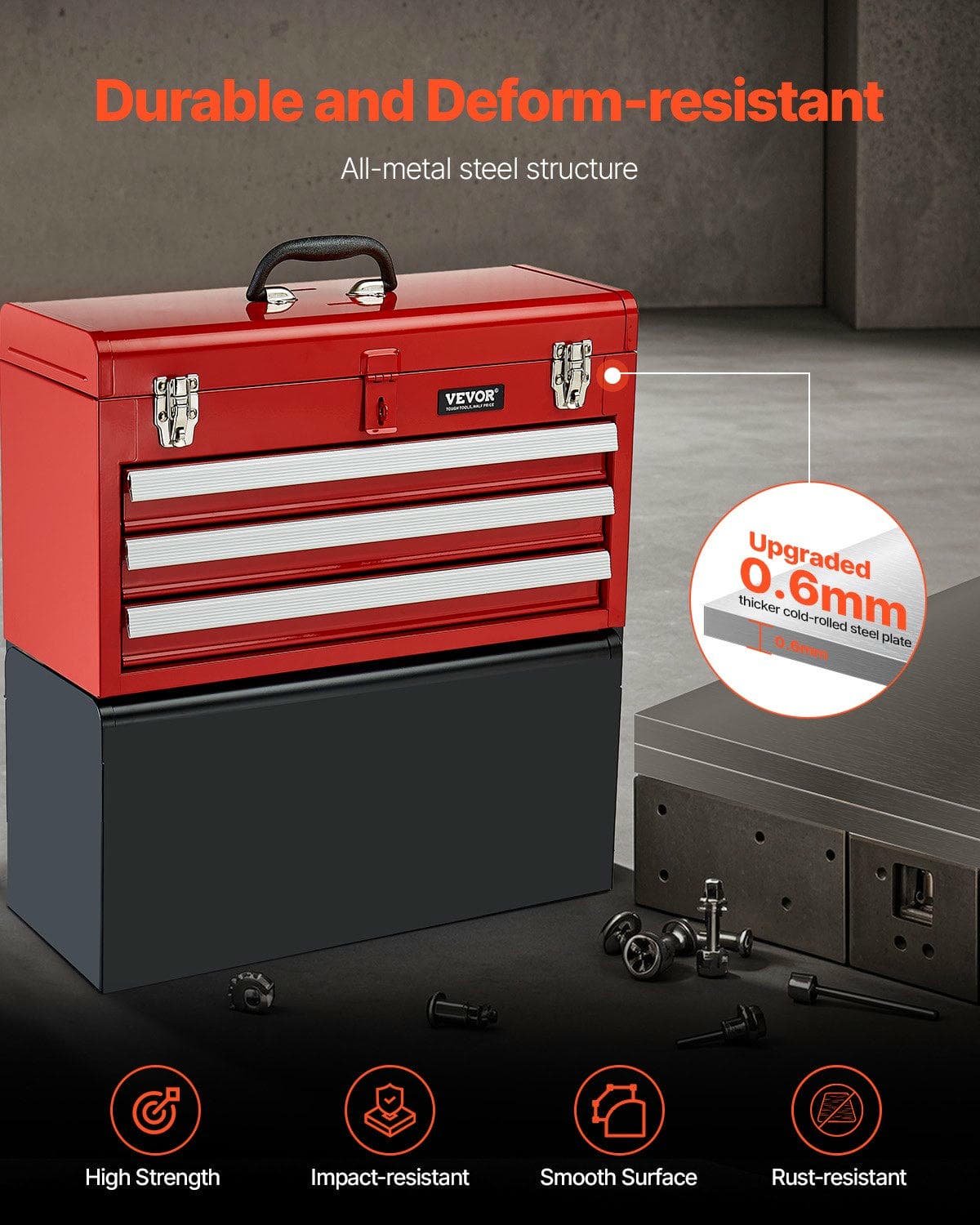 V952-CTSBXSGJX20IEYVN5V0-202508011643-05.jpg VEVOR Tool Box 520 mm Portable Metal Tool Box 3 Drawers Tool Organizer Red | Fitness Equipment Store