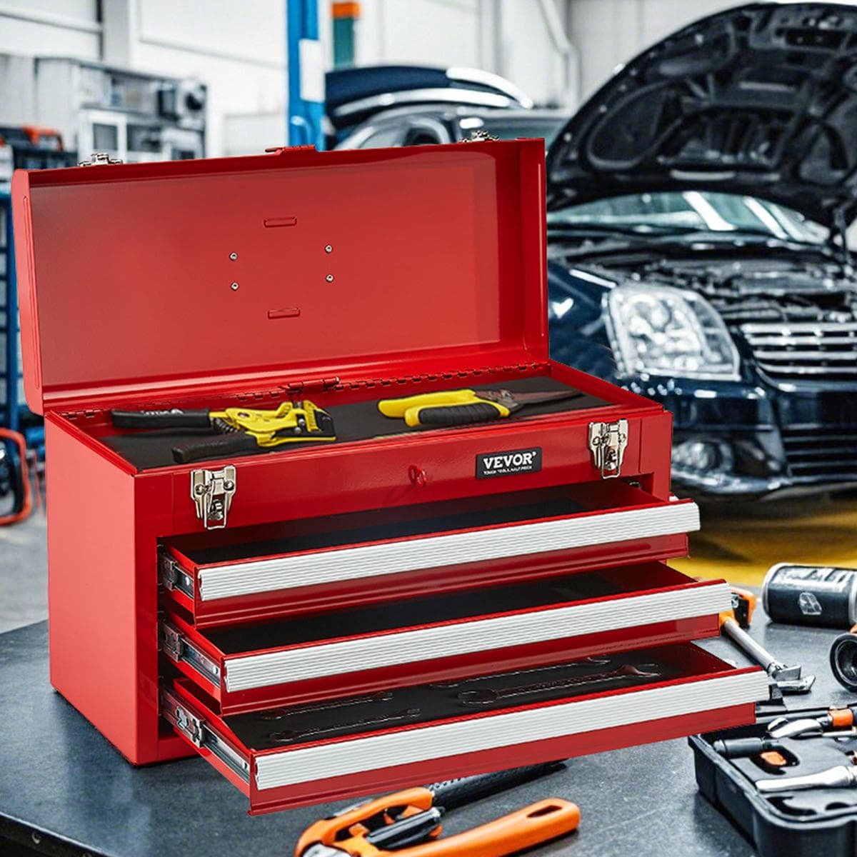 V952-CTSBXSGJX20IEYVN5V0-202508011643-07.jpg VEVOR Tool Box 520 mm Portable Metal Tool Box 3 Drawers Tool Organizer Red | Fitness Equipment Store