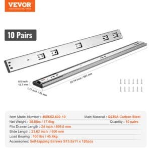 VEVOR 10 Pairs of 609.6mm Drawer Slides Side Mount Rails, Heavy Duty Full Extension Steel Track, Soft-Close Noiseless Guide Glides Cabinet Kitchen Runners with Ball Bearing, 100 Lbs Load Capacity | Fitness Equipment Store