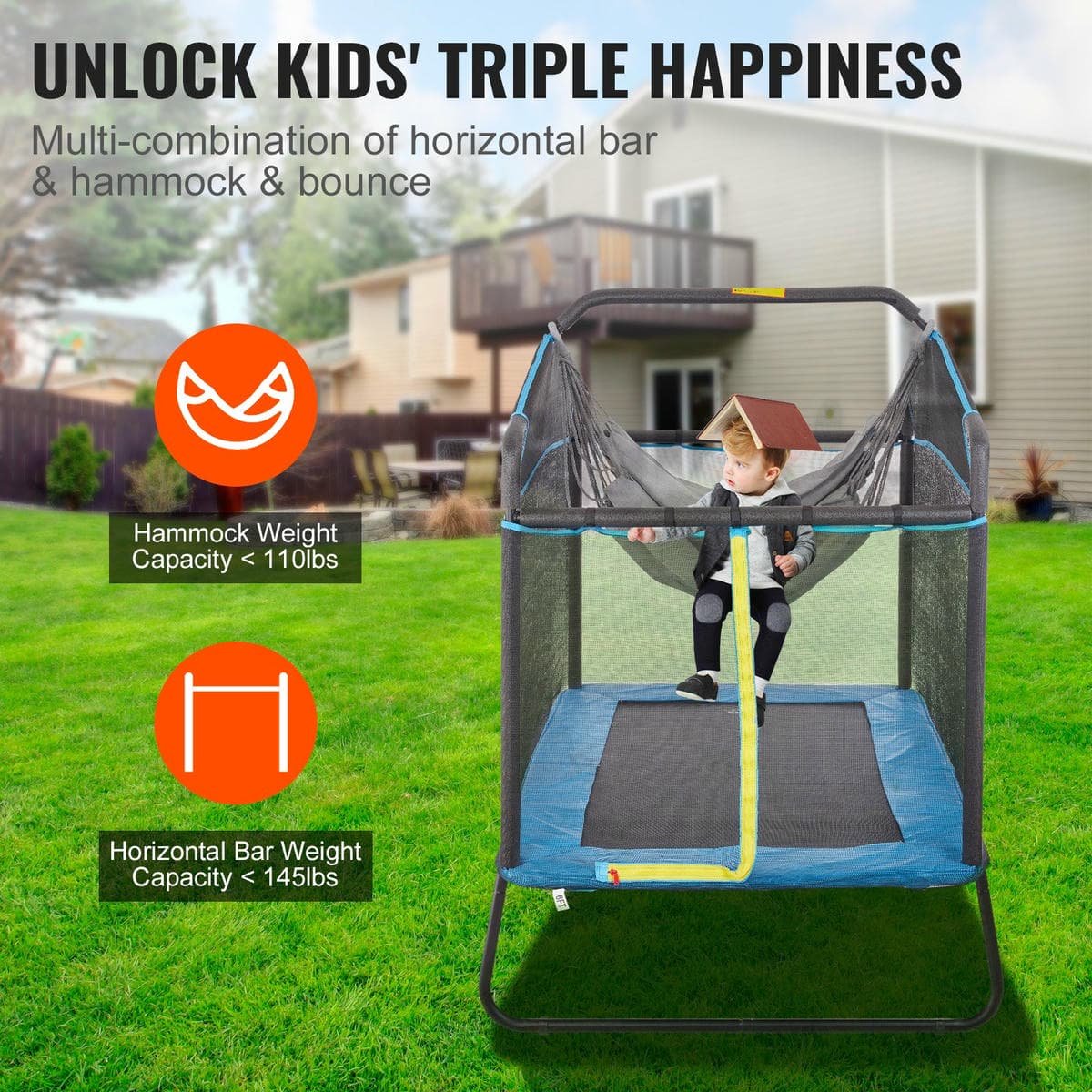 VEVOR 6FT Trampoline for Kids, 72" Indoor/Outdoor Toddlers Trampoline, Mini Baby Trampoline with Safety Enclosure Net, Gymnastics Bar, Hammock, Recreational Trampoline Birthday Gift for 3+ Years Kids 5 VEVOR 6FT Trampoline for Kids, 72" Indoor/Outdoor Toddlers Trampoline, Mini Baby Trampoline with Safety Enclosure Net, Gymnastics Bar, Hammock, Recreational Trampoline Birthday Gift for 3+ Years Kids - Image 5