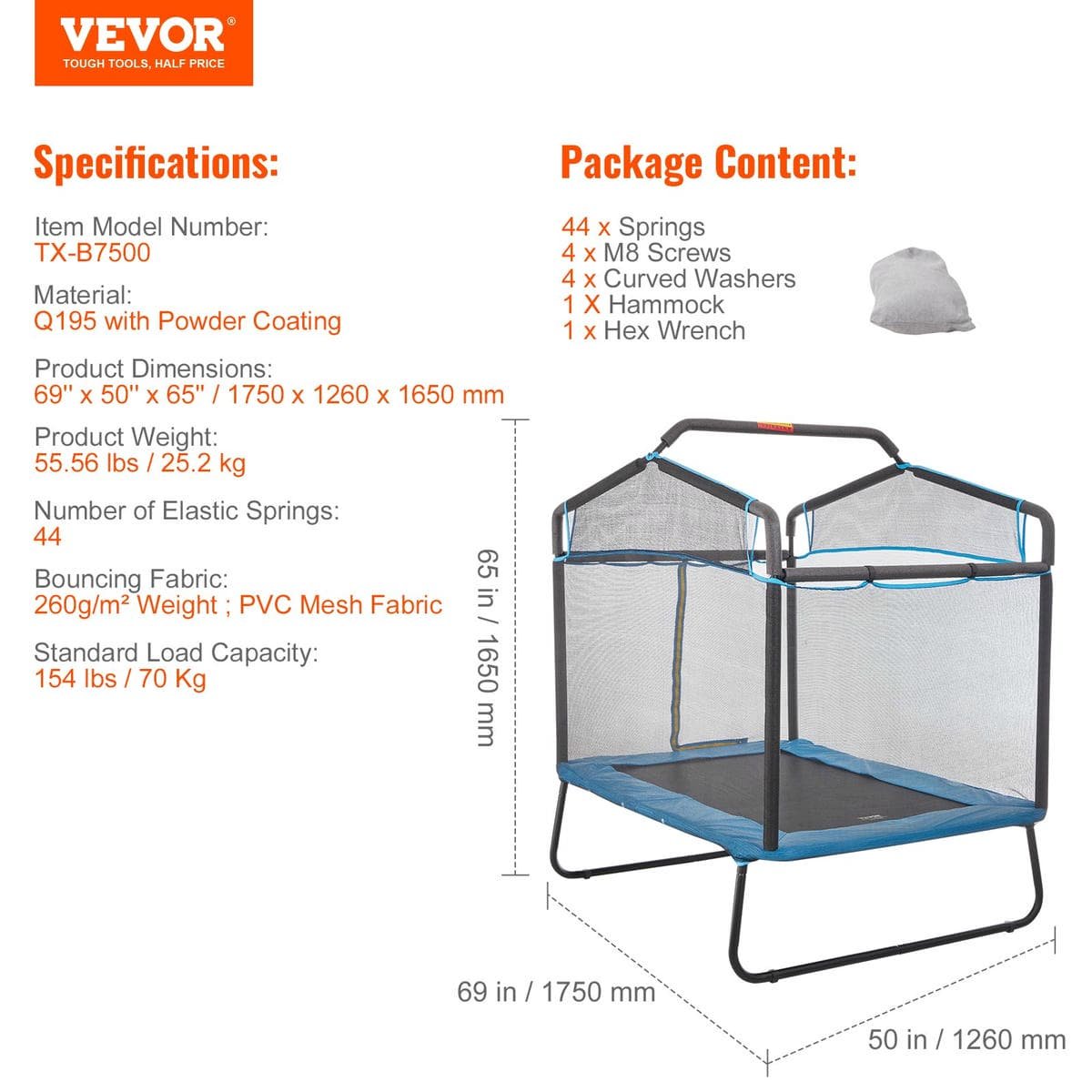 VEVOR 6FT Trampoline for Kids, 72" Indoor/Outdoor Toddlers Trampoline, Mini Baby Trampoline with Safety Enclosure Net, Gymnastics Bar, Hammock, Recreational Trampoline Birthday Gift for 3+ Years Kids 7 VEVOR 6FT Trampoline for Kids, 72" Indoor/Outdoor Toddlers Trampoline, Mini Baby Trampoline with Safety Enclosure Net, Gymnastics Bar, Hammock, Recreational Trampoline Birthday Gift for 3+ Years Kids - Image 7