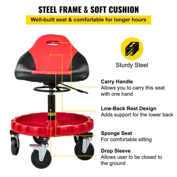 VEVOR Rolling Garage Stool 300LBS Adjustable Mechanic Work Shop Seat w/Casters | Fitness Equipment Store