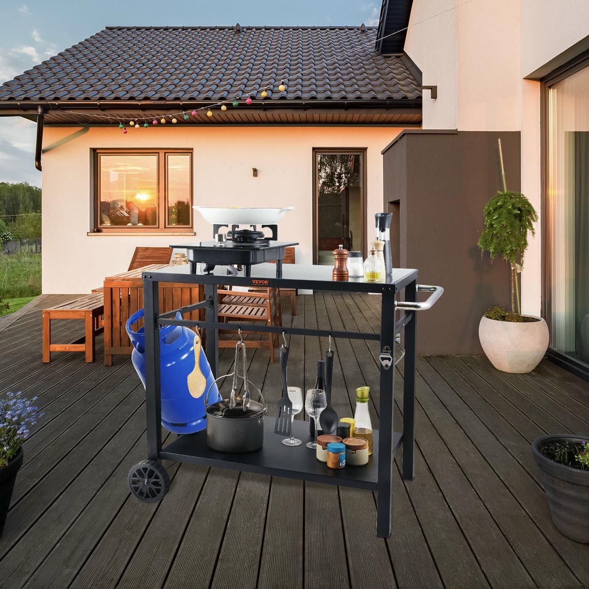 V952-JSHWBCTC85551FX8BV0-202508011838-07.jpg VEVOR Outdoor Grill Dining Cart with Double-Shelf, 85*55cm BBQ Movable Food Prep Table, Multifunctional Iron Table Top, Portable Modular Carts for Pizza Oven, Worktable with 2 Wheels, Carry Handle, Black | Fitness Equipment Store
