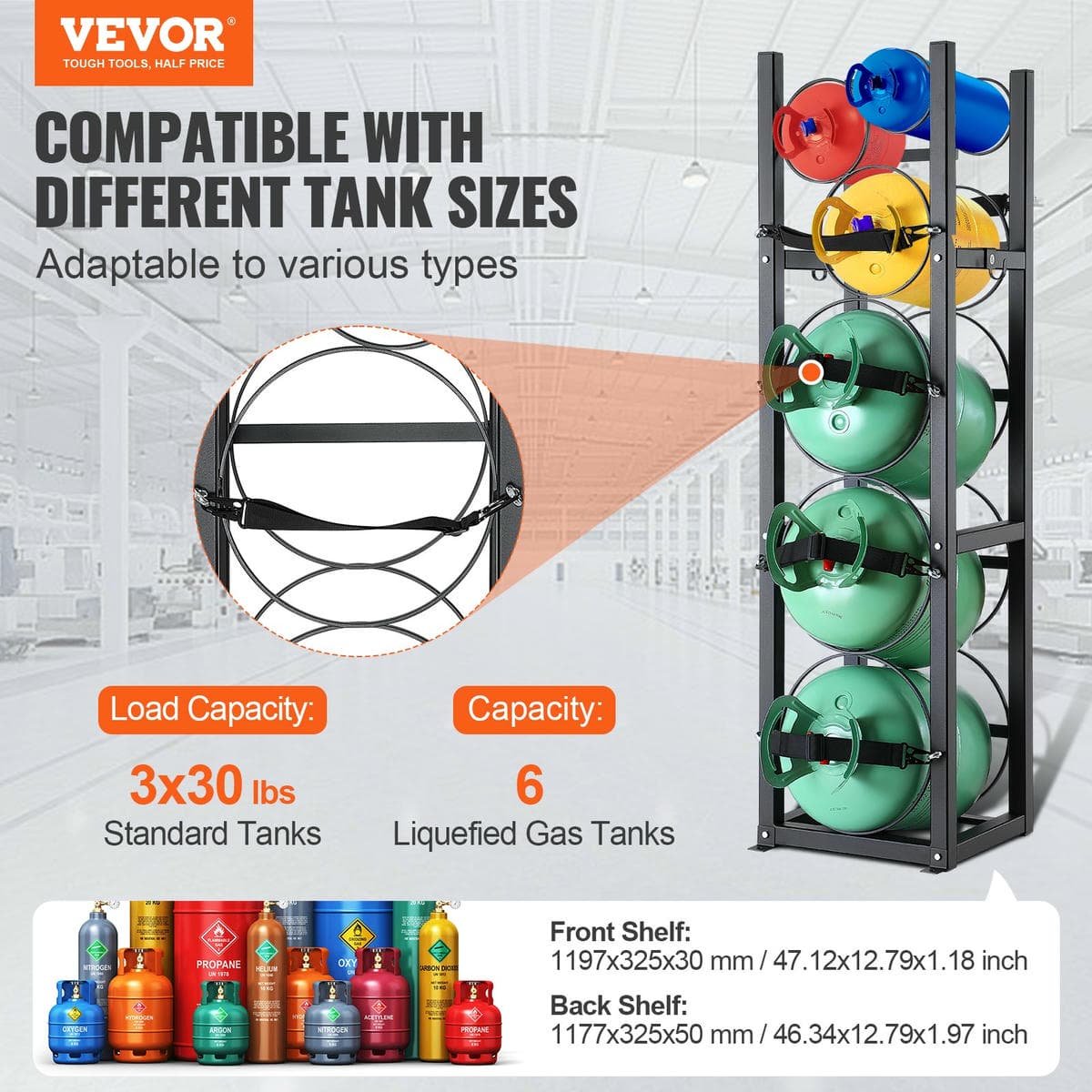 V952-QPCFJ305MM283UO4CV0-202508011327-01.jpg VEVOR Refrigerant Tank Rack, with 3 x 30lbs and Other 3 Small Bottle Tanks, Cylinder Tank Rack 12.79x12.99x47.12 in, Refrigerant Cylinder Rack and Holders for Freon, Gases, Oxygen, Nitrogen | Fitness Equipment Store
