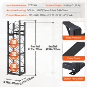 VEVOR Refrigerant Tank Rack, with 3 x 30lbs and Other 3 Small Bottle Tanks, Cylinder Tank Rack 12.79x12.99x47.12 in, Refrigerant Cylinder Rack and Holders for Freon, Gases, Oxygen, Nitrogen 7 VEVOR Refrigerant Tank Rack, with 3 x 30lbs and Other 3 Small Bottle Tanks, Cylinder Tank Rack 12.79x12.99x47.12 in, Refrigerant Cylinder Rack and Holders for Freon, Gases, Oxygen, Nitrogen | Fitness Equipment Store