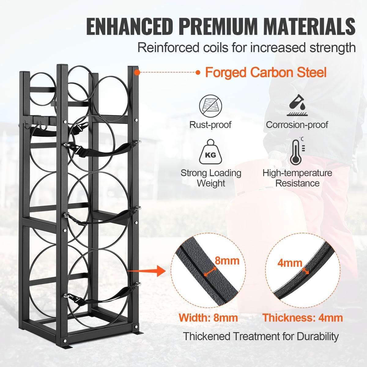 V952-QPCFJ305MM28FNID7V0-202508011918-02.jpg VEVOR Refrigerant Tank Rack, with 2 x 30lbs and Other 3 Small Bottle Tanks, Cylinder Tank Rack 12.79x12.99x47.12 in, Refrigerant Cylinder Rack and Holders for Freon, Gases, Oxygen, Nitrogen | Fitness Equipment Store