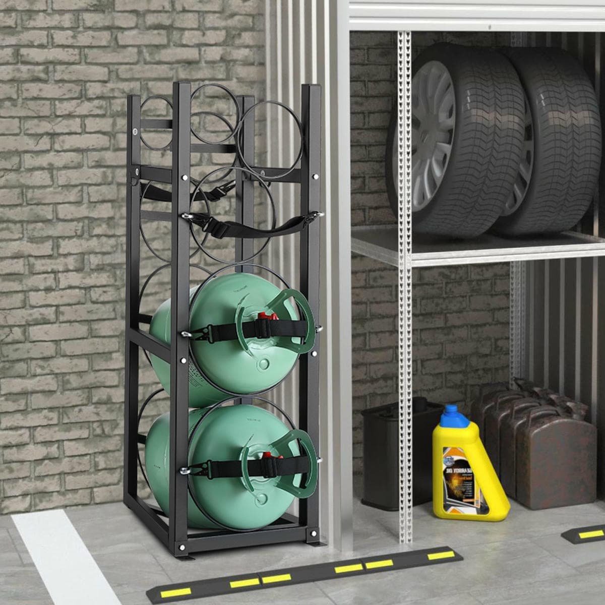 V952-QPCFJ305MM28FNID7V0-202508011918-07.jpg VEVOR Refrigerant Tank Rack, with 2 x 30lbs and Other 3 Small Bottle Tanks, Cylinder Tank Rack 12.79x12.99x47.12 in, Refrigerant Cylinder Rack and Holders for Freon, Gases, Oxygen, Nitrogen | Fitness Equipment Store