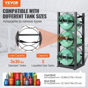VEVOR Refrigerant Tank Rack, with 3 x 30lbs Bottle Tanks, Cylinder Tank Rack 12.79x12.99x33.07 in, Refrigerant Cylinder Rack Gas Cylinder Racks and Holders for Freon, Gases, Oxygen, Nitrogen 2 VEVOR Refrigerant Tank Rack, with 3 x 30lbs Bottle Tanks, Cylinder Tank Rack 12.79x12.99x33.07 in, Refrigerant Cylinder Rack Gas Cylinder Racks and Holders for Freon, Gases, Oxygen, Nitrogen | Fitness Equipment Store
