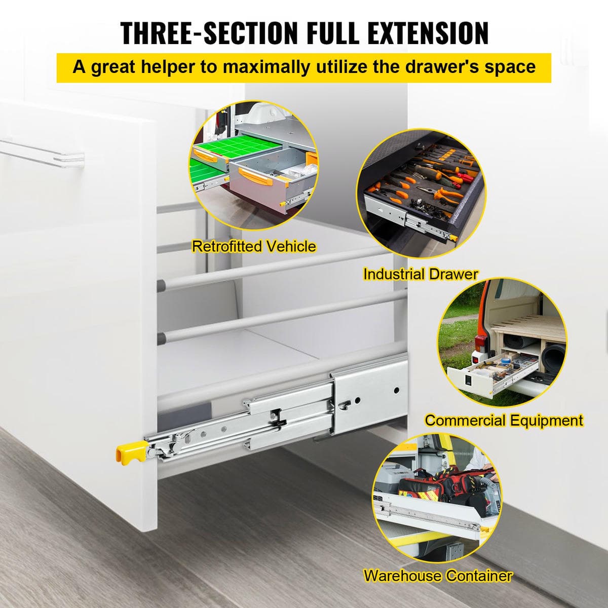 VEVOR Drawer Slides with Lock, 1 Pair 40 inch, Heavy-Duty Industrial Steel up to 500 lbs Capacity, 3-Fold Full Extension, Ball Bearing Lock-in & Lock-Out, Side Mount 2 VEVOR Drawer Slides with Lock, 1 Pair 40 inch, Heavy-Duty Industrial Steel up to 500 lbs Capacity, 3-Fold Full Extension, Ball Bearing Lock-in & Lock-Out, Side Mount - Image 2