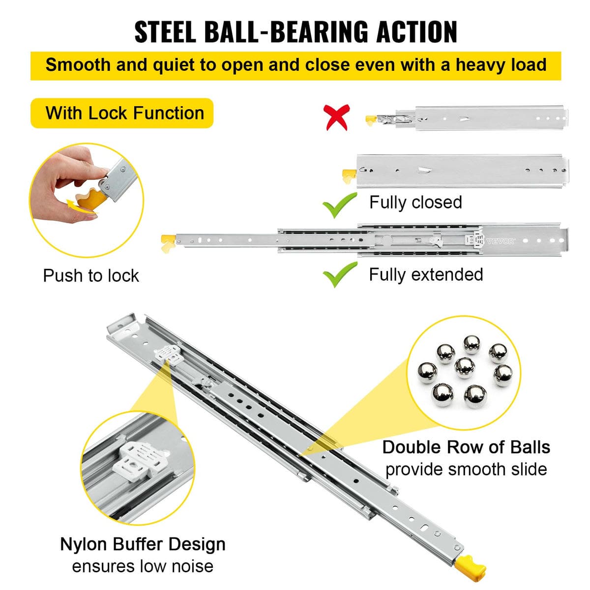 VEVOR Drawer Slides with Lock, 1 Pair 40 inch, Heavy-Duty Industrial Steel up to 500 lbs Capacity, 3-Fold Full Extension, Ball Bearing Lock-in & Lock-Out, Side Mount 3 VEVOR Drawer Slides with Lock, 1 Pair 40 inch, Heavy-Duty Industrial Steel up to 500 lbs Capacity, 3-Fold Full Extension, Ball Bearing Lock-in & Lock-Out, Side Mount - Image 3