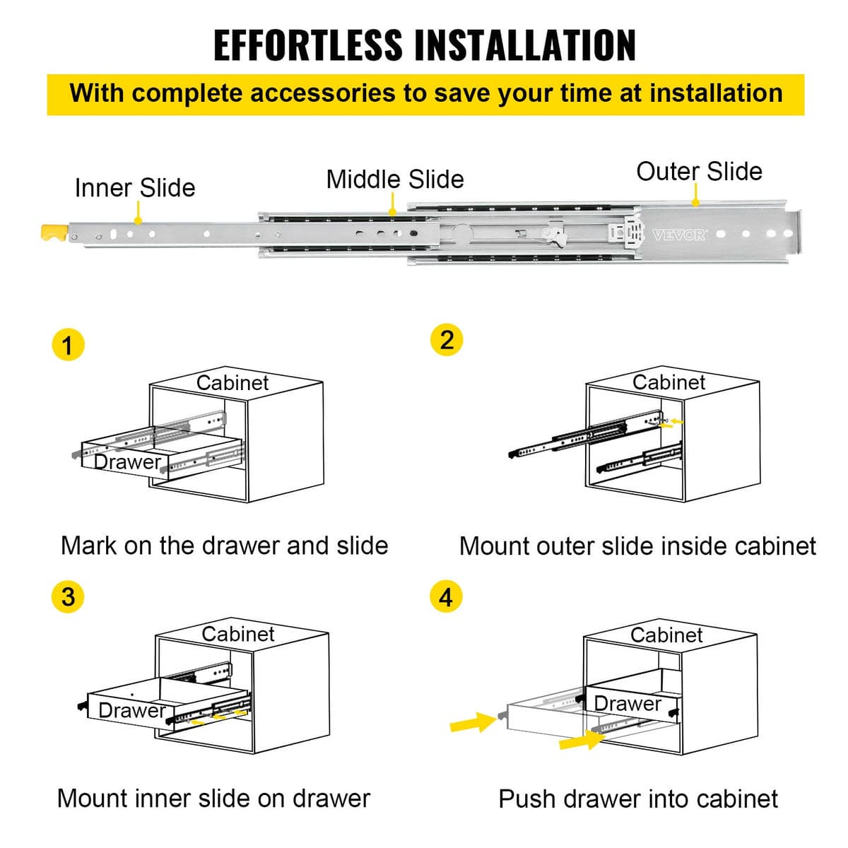VEVOR Drawer Slides with Lock, 1 Pair 40 inch, Heavy-Duty Industrial Steel up to 500 lbs Capacity, 3-Fold Full Extension, Ball Bearing Lock-in & Lock-Out, Side Mount 6 VEVOR Drawer Slides with Lock, 1 Pair 40 inch, Heavy-Duty Industrial Steel up to 500 lbs Capacity, 3-Fold Full Extension, Ball Bearing Lock-in & Lock-Out, Side Mount - Image 6