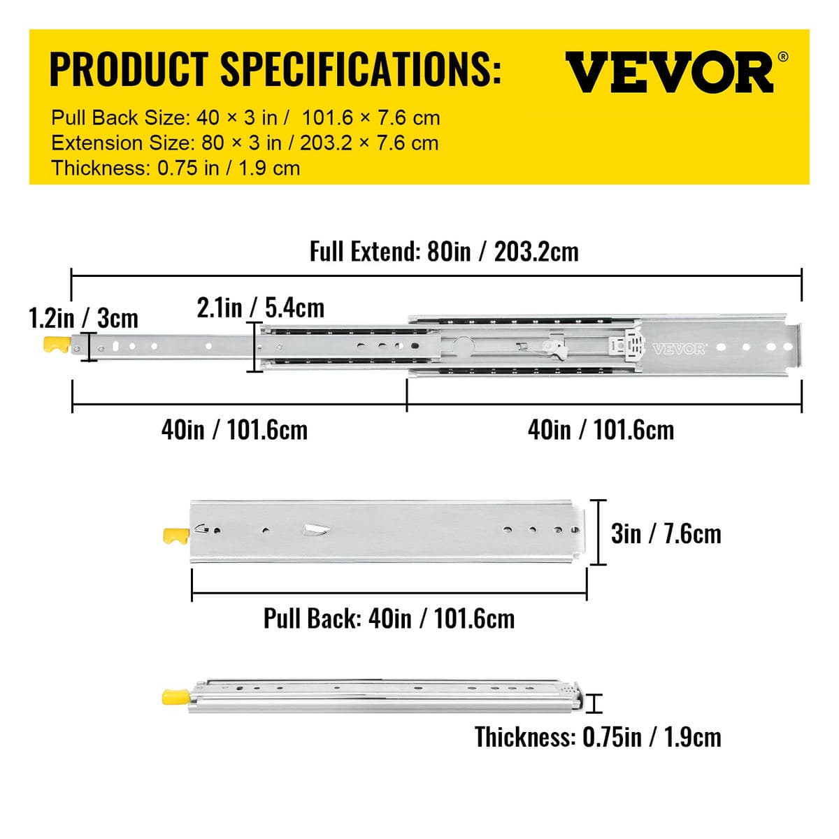 VEVOR Drawer Slides with Lock, 1 Pair 40 inch, Heavy-Duty Industrial Steel up to 500 lbs Capacity, 3-Fold Full Extension, Ball Bearing Lock-in & Lock-Out, Side Mount 7 VEVOR Drawer Slides with Lock, 1 Pair 40 inch, Heavy-Duty Industrial Steel up to 500 lbs Capacity, 3-Fold Full Extension, Ball Bearing Lock-in & Lock-Out, Side Mount - Image 7