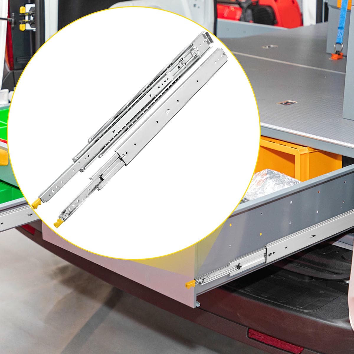 VEVOR Drawer Slides with Lock, 1 Pair 40 inch, Heavy-Duty Industrial Steel up to 500 lbs Capacity, 3-Fold Full Extension, Ball Bearing Lock-in & Lock-Out, Side Mount 8 VEVOR Drawer Slides with Lock, 1 Pair 40 inch, Heavy-Duty Industrial Steel up to 500 lbs Capacity, 3-Fold Full Extension, Ball Bearing Lock-in & Lock-Out, Side Mount - Image 8