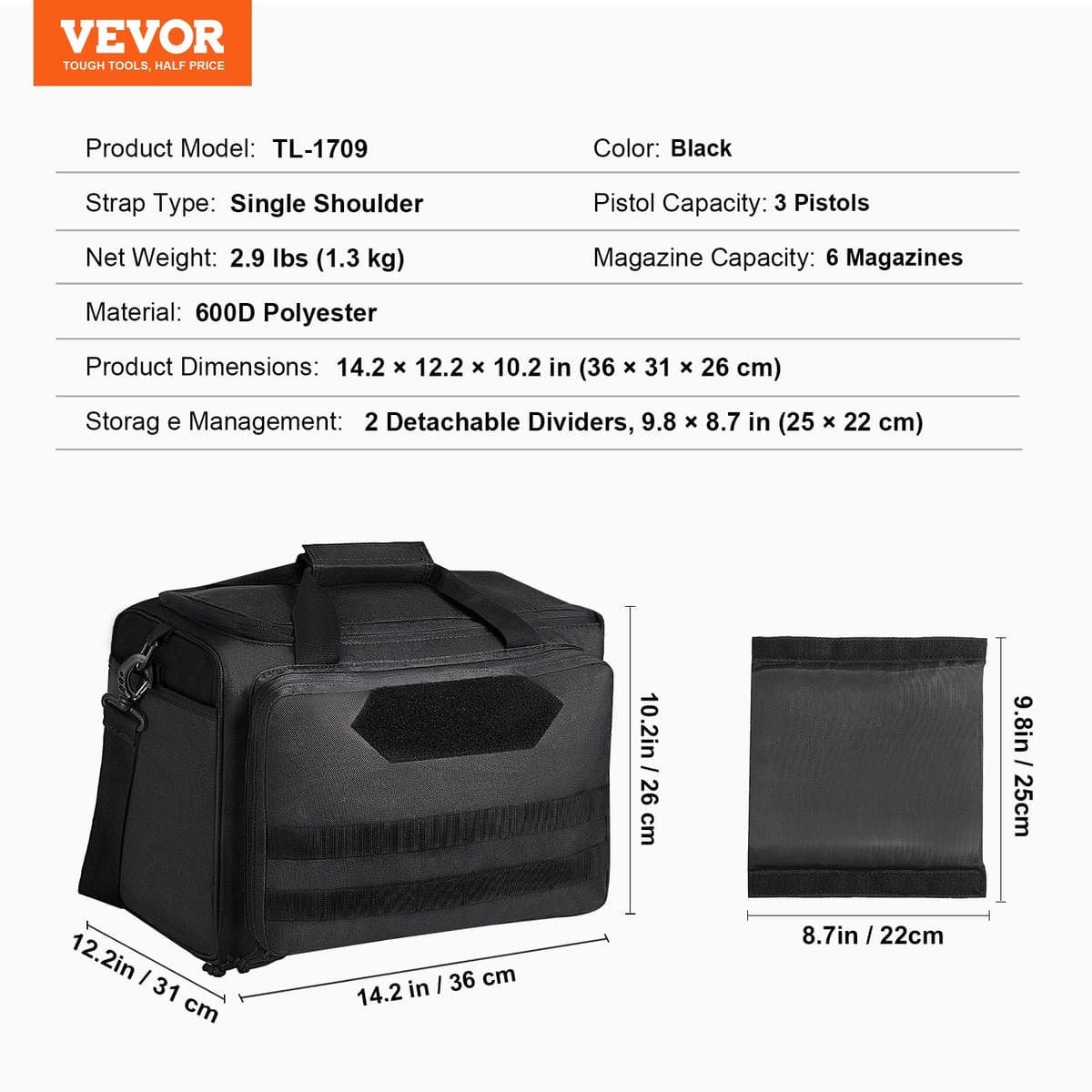 V952-SQBDJK362631WCEFUV0-202507141732-06.jpg VEVOR Range Bag for 3 Pistols Tactical Gun Range Bag Single Shoulder Strip Black | Fitness Equipment Store
