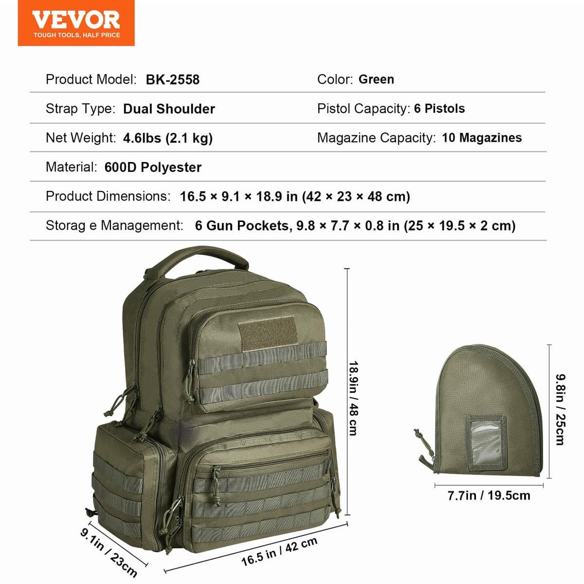 V952-SQBLS422348CMM4IRV0-202508020040-06.jpg VEVOR Tactical Range Backpack for 6 Pistols Gun Backpack Green | Fitness Equipment Store